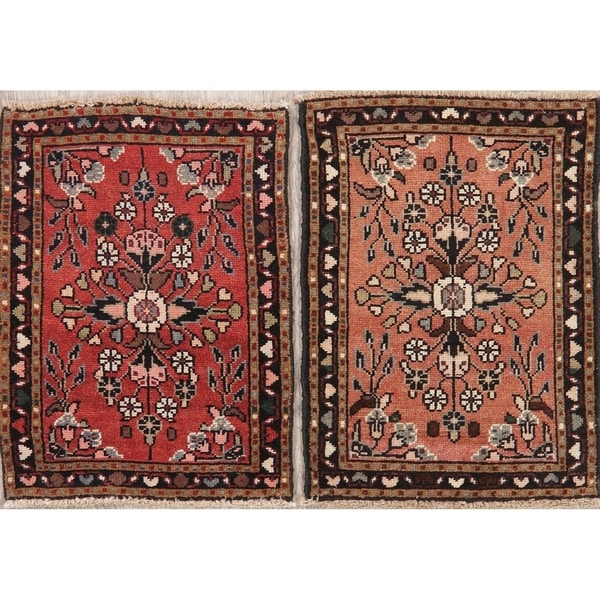 Set of 2 Vintage Hamedan Oriental Hand Knotted Wool Persian Rug - 2'4" x 1'9" Square