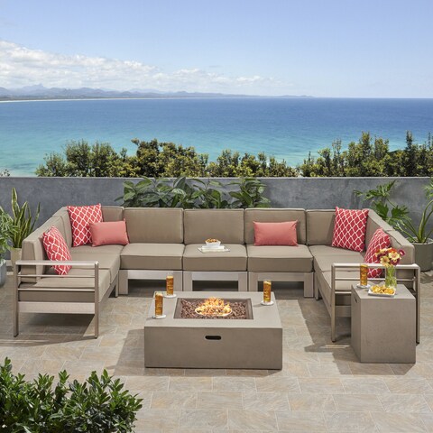 Cape Coral Fabric/Aluminum 9-seat U-shaped Sectional and Fire Pit Set by Christopher Knight Home