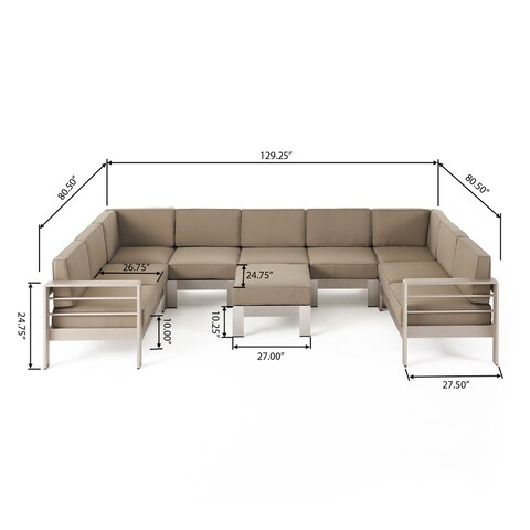 Cape Coral Outdoor Modern 9 Seater Aluminum U-Shaped Sofa Sectional Set with Ottoman by Christopher Knight Home