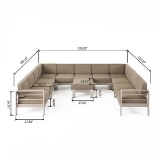 Cape Coral Outdoor 11 Seater Aluminum U-Shaped Sofa Sectional and Ottoman Set by Christopher Knight Home