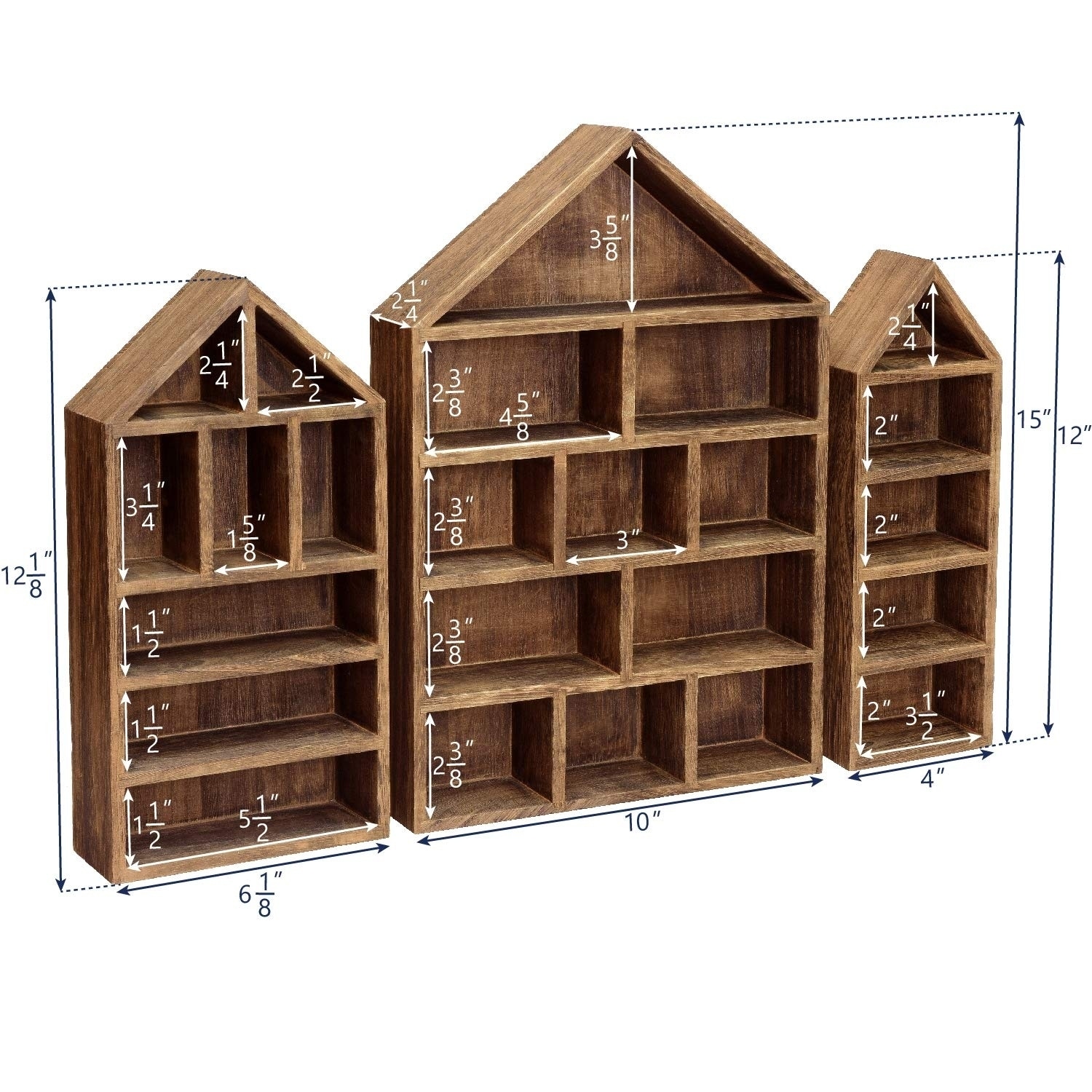 Set of 3 House-Shaped Wooden Shadow Cubby Box Display Shelf Organizer