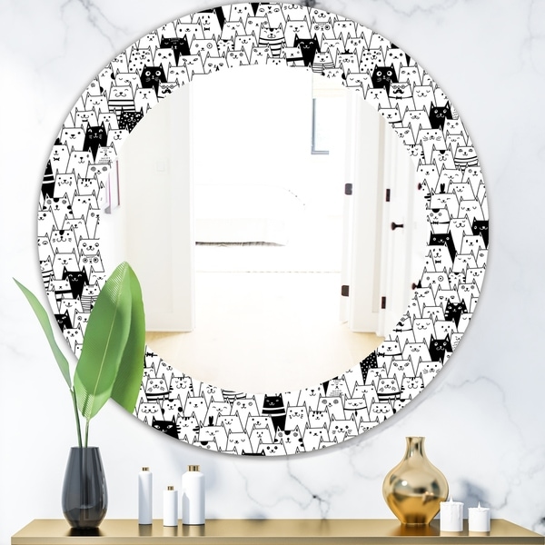 Designart 'Cats Pattern' Modern Mirror - Oval or Round Wall Mirror - White