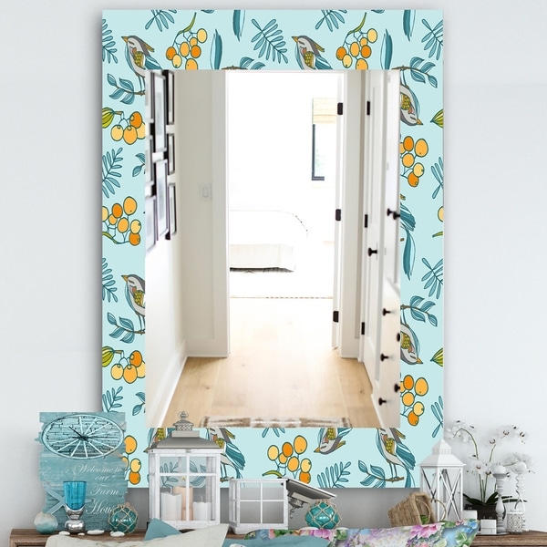 Designart 'Decorative With Birds, Berries' Farmhouse Mirror - Wall Mirror - Blue