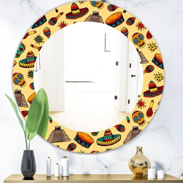 Designart 'Pattern With Mexican Symbols' Bohemian and Eclectic Mirror - Oval or Round Wall Mirror - Gold