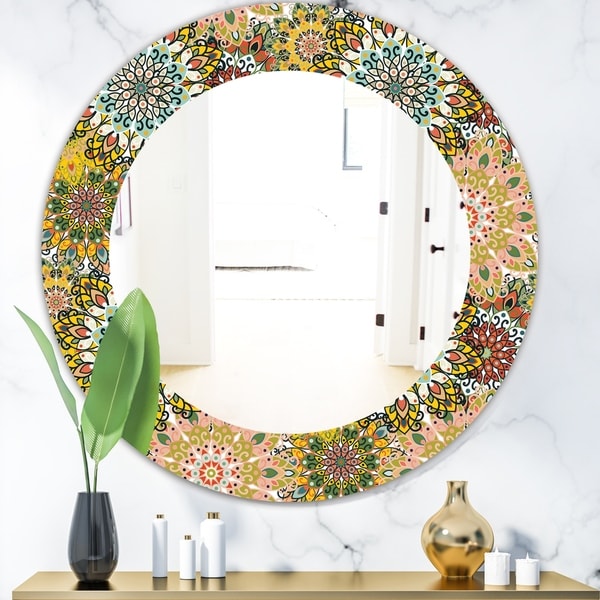 Designart 'Mandala Pattern For Printing On Fabric Or Paper' Bohemian and Eclectic Mirror - Oval or Round Wall Mirror - Gold