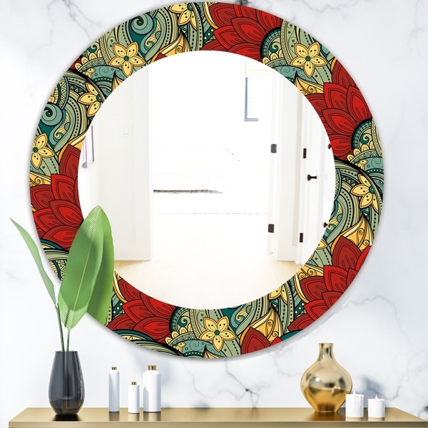 Designart 'Colorful Floral Pattern' Bohemian and Eclectic Mirror - Oval or Round Wall Mirror - Red