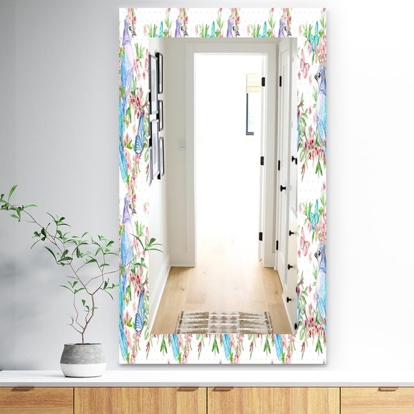 Designart 'Texture With Couples Of Birds and Butterflies' Traditional Mirror - Vanity Mirror - White