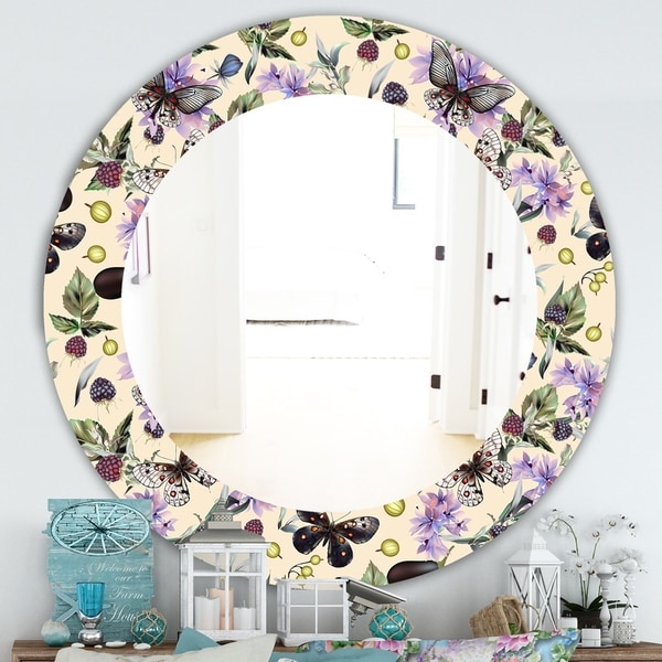 Designart 'Butterflies and Flowers' Traditional Mirror - Oval or Round Wall Mirror - Gold