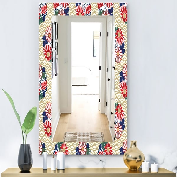 Designart 'Japanese Floral Pattern' Bohemian and Eclectic Mirror - Vanity Mirror - Gold