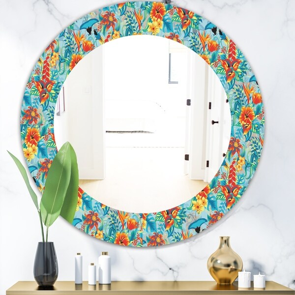 Designart 'Tropical Pattern' Bohemian and Eclectic Mirror - Oval or Round Wall Mirror - Blue