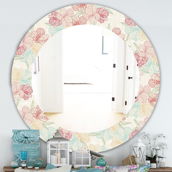 Designart 'Pink Blossom 16' Traditional Mirror - Oval or Round Wall Mirror - Red