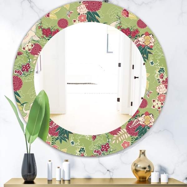 Designart 'Oriental Silk Pattern' Bohemian and Eclectic Mirror - Oval or Round Wall Mirror - Green
