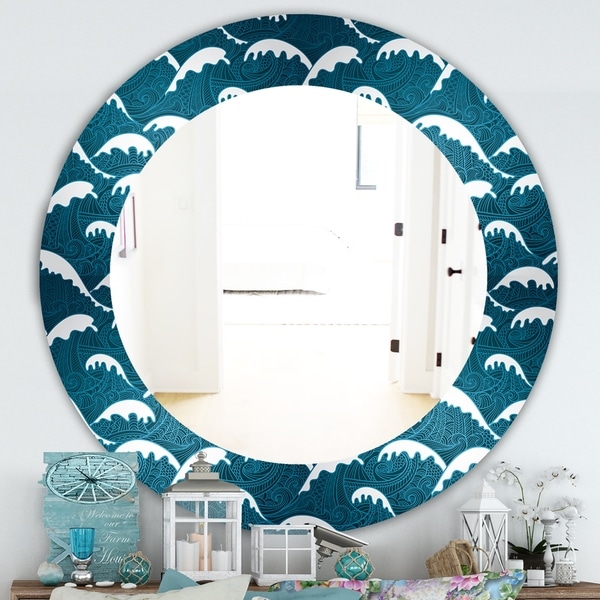 Designart 'Waves Pattern' Traditional Mirror - Oval or Round Wall Mirror - Blue