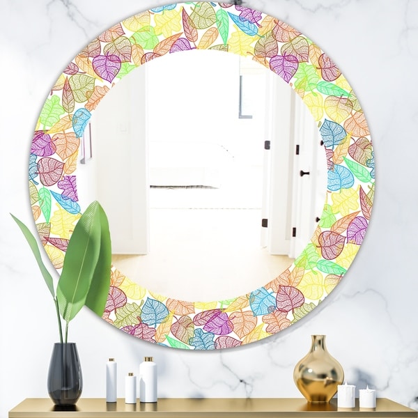 Designart 'Autumn Transparent Leaves Pattern' Modern Mirror - Oval or Round Wall Mirror - Gold