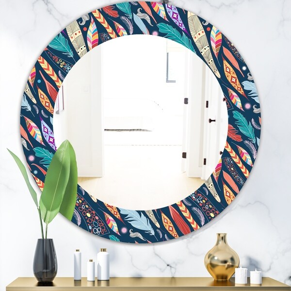 Designart 'Feathers 20' Modern Mirror - Oval or Round Wall Mirror - Blue