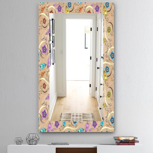Designart 'Ornamental Colored Floral Pattern With Flowers' Mid-Century Mirror - Wall Mirror - Brown