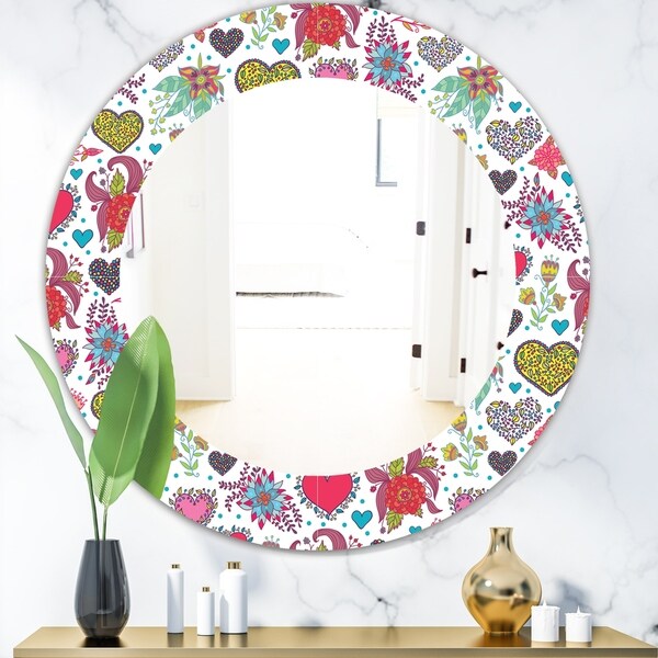 Designart 'Beautiful Flowers & Hearts Pattern' Modern Mirror - Contemporary Oval or Round Wall Mirror - Gold