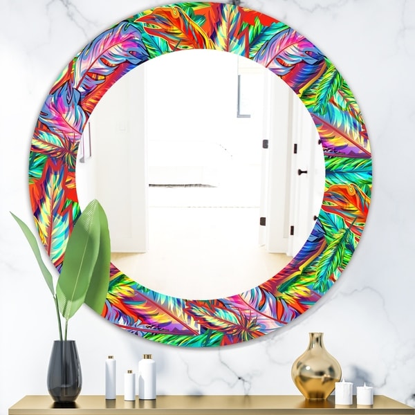 Designart 'Tropical Mood Bright 5' Modern Mirror - Oval or Round Wall Mirror - Red