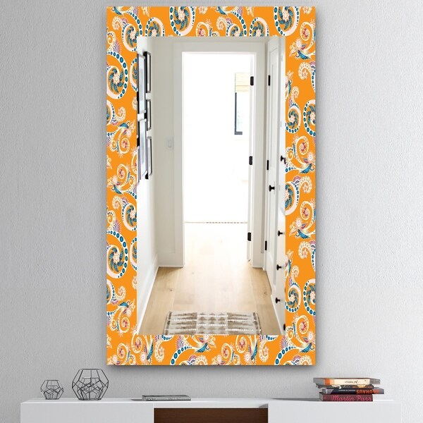 Designart 'Ornamental Floral Pattern With Flowers' Mid-Century Mirror - Vanity Mirror - Orange