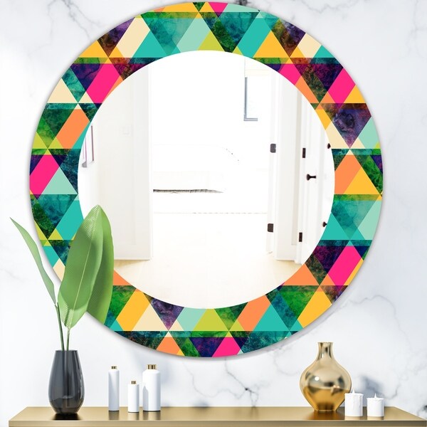 Designart 'Triangular Colourfields 5' Modern Mirror - Oval or Round Wall Mirror - Green