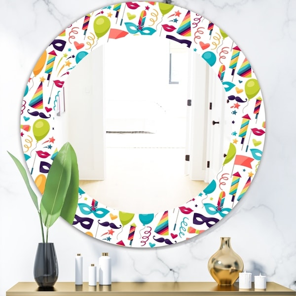 Designart 'Celebration Pattern With Carnival Icons & Objects' Modern Mirror - Contemporary Oval or Round Wall Mirror - White