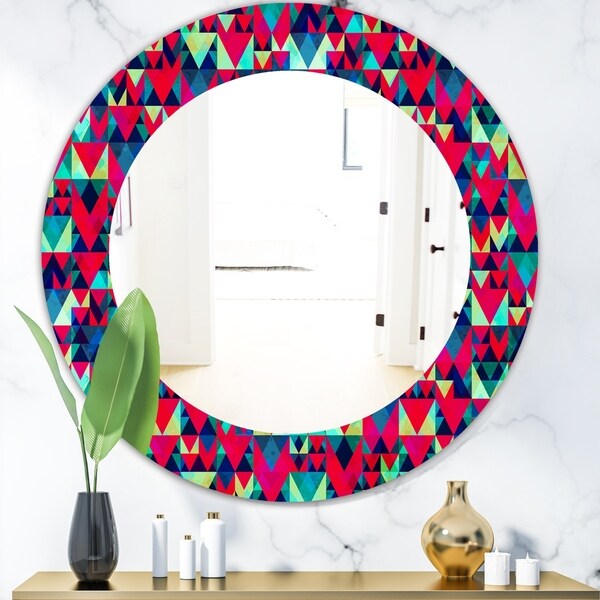 Designart 'Triangular Colourfields 12' Modern Mirror - Oval or Round Wall Mirror - Red