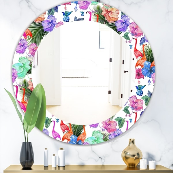 Designart 'Flamingo 2' Bohemian and Eclectic Mirror - Oval or Round Wall Mirror - Purple