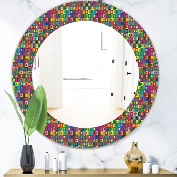 Designart 'Colors Squares Abstract Pattern' Modern Mirror - Oval or Round Wall Mirror - Gold