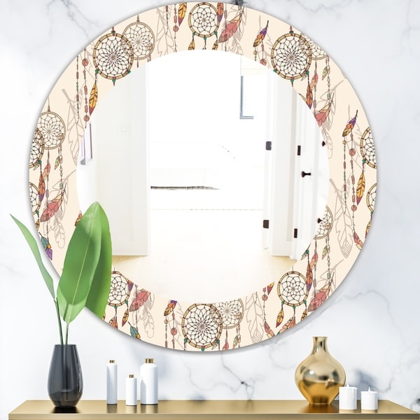 Designart 'Bohemian Dream Catcher With Beads & Feathers' Bohemian & Eclectic Mirror - Oval or Round Wall Mirror - Brown