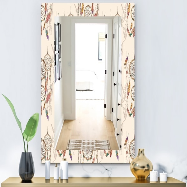 Designart 'Bohemian Dream Catcher With Beads & Feathers' Bohemian & Eclectic Mirror - Modern Wall Mirror - Brown