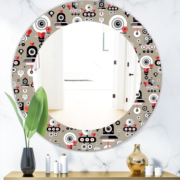 Designart 'Pattern Amusing Lovers Robots' Modern Mirror - Oval or Round Wall Mirror - Grey/Silver