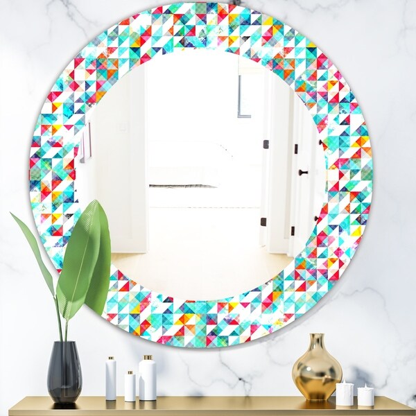 Designart 'Triangular Colourfields 11' Modern Mirror - Oval or Round Wall Mirror - Blue