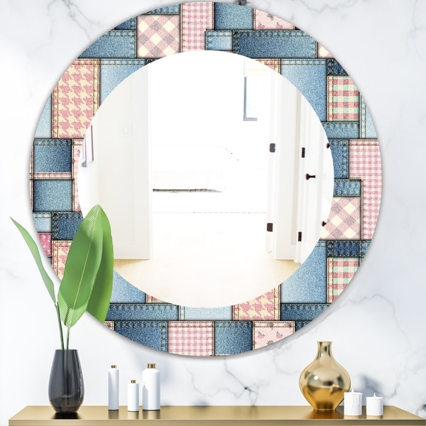Designart 'Pink Patchwork Pattern' Mid-Century Mirror - Oval or Round Wall Mirror - Blue
