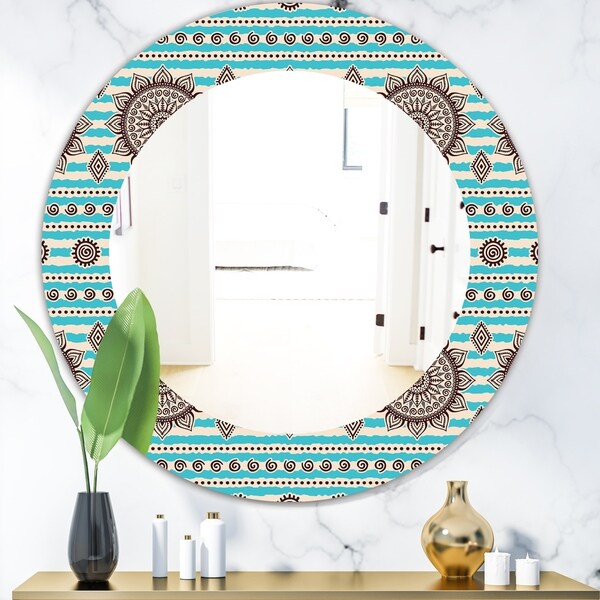 Designart 'Vintage Decorative Pattern' Bohemian and Eclectic Mirror - Oval or Round Wall Mirror - Blue