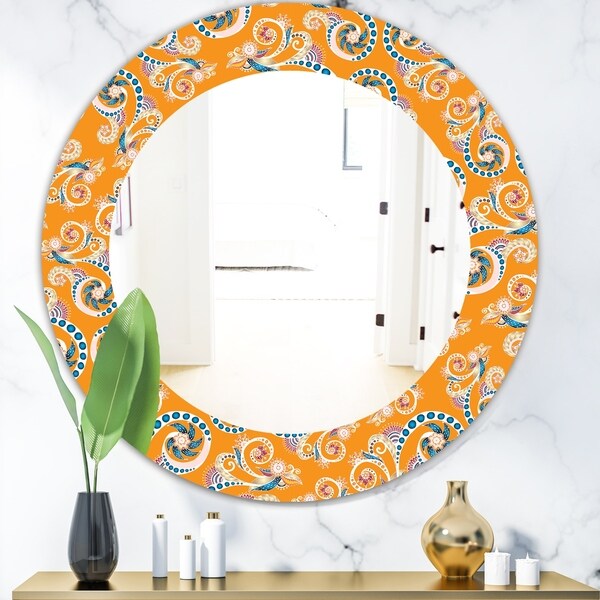 Designart 'Ornamental Floral Pattern With Flowers' Mid-Century Mirror - Oval or Round Wall Mirror - Orange