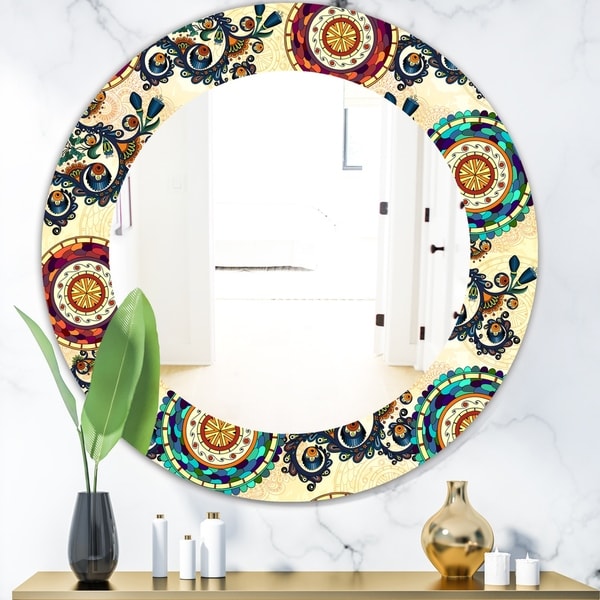 Designart 'Floral Paisley Ethnic' Bohemian and Eclectic Mirror - Oval or Round Wall Mirror - Gold