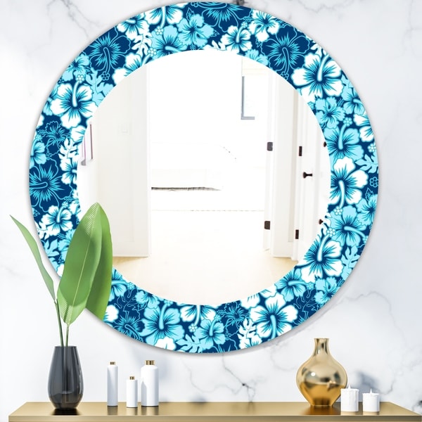 Designart 'Indigo HawaII Flowers Pattern' Bohemian and Eclectic Mirror - Oval or Round Wall Mirror - Blue
