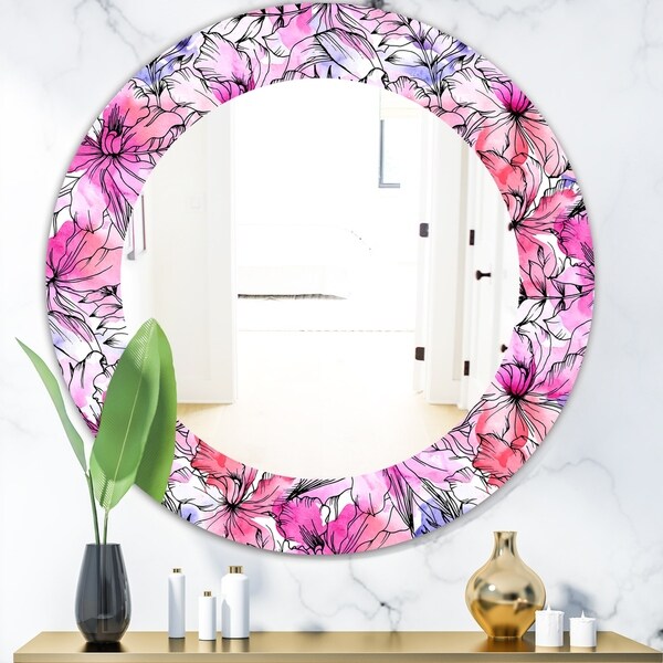 Designart 'Pink Blossom 22' Modern Mirror - Oval or Round Wall Mirror - Pink