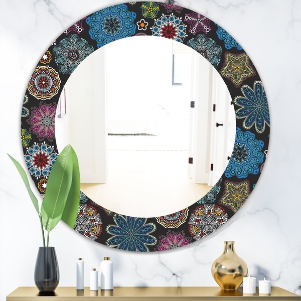 Designart 'Ornate Floral Texture' Bohemian and Eclectic Mirror - Oval or Round Wall Mirror - Black