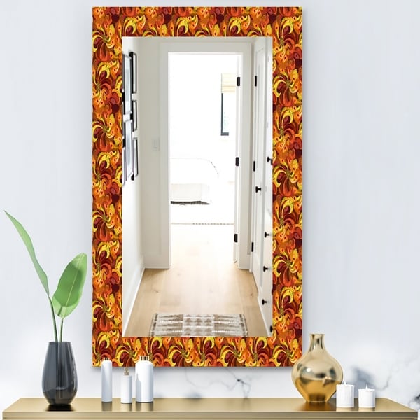 Designart 'Beautiful Golden Orange & Red Peacock Feathers' Bohemian & Eclectic Mirror - Modern Wall Mirror - Gold