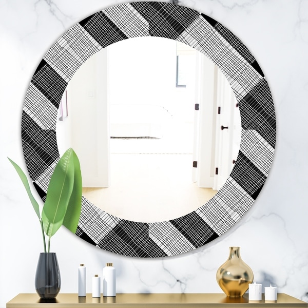 Designart 'Black and White Check Stipes Pattern' Modern Mirror - Oval or Round Wall Mirror - Black