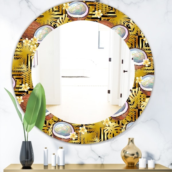 Designart 'Tropical Pattern With Coconuts and Flowers' Bohemian and Eclectic Mirror - Oval or Round Wall Mirror - Gold
