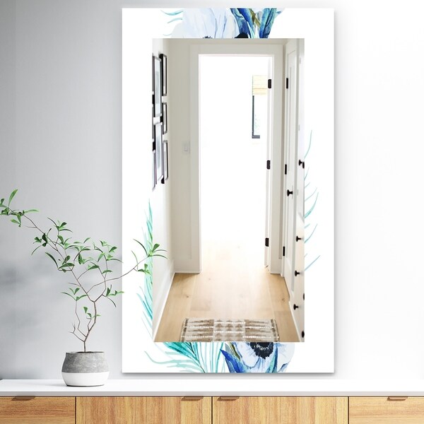 Designart 'Anemones and Peacock Feathers' Traditional Mirror - Wall Mirror - Blue