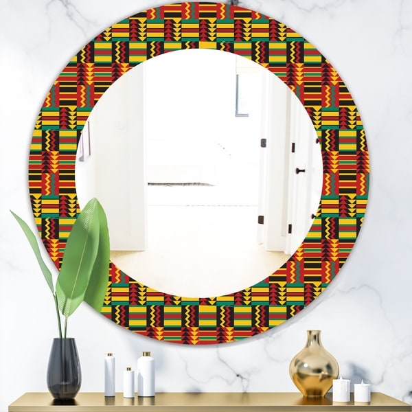 Designart 'African Pattern' Bohemian and Eclectic Mirror - Oval or Round Wall Mirror - Red