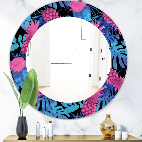 Designart 'Tropical Mood Blue 8' Bohemian and Eclectic Mirror - Oval or Round Wall Mirror - Black