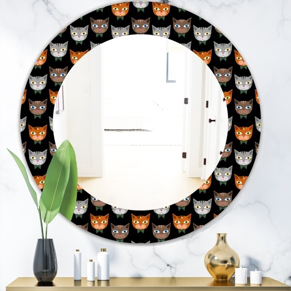 Designart 'Cute Cats Pattern' Modern Mirror - Oval or Round Wall Mirror