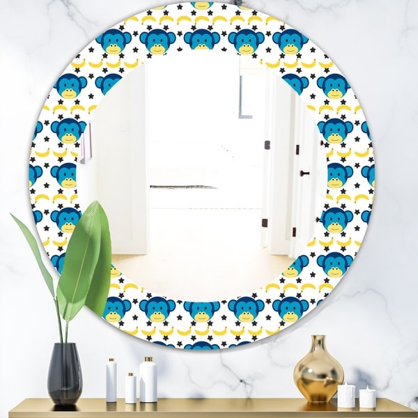 Designart 'Doodle Monkey Pattern' Bohemian and Eclectic Mirror - Oval or Round Wall Mirror - Blue