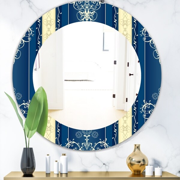 Designart 'Luxury Lace Design' Mid-Century Mirror - Oval or Round Wall Mirror - Blue