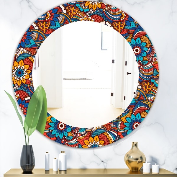 Designart 'Hand Drawn Pattern With Floral Elements' Bohemian and Eclectic Mirror - Oval or Round Wall Mirror - Blue