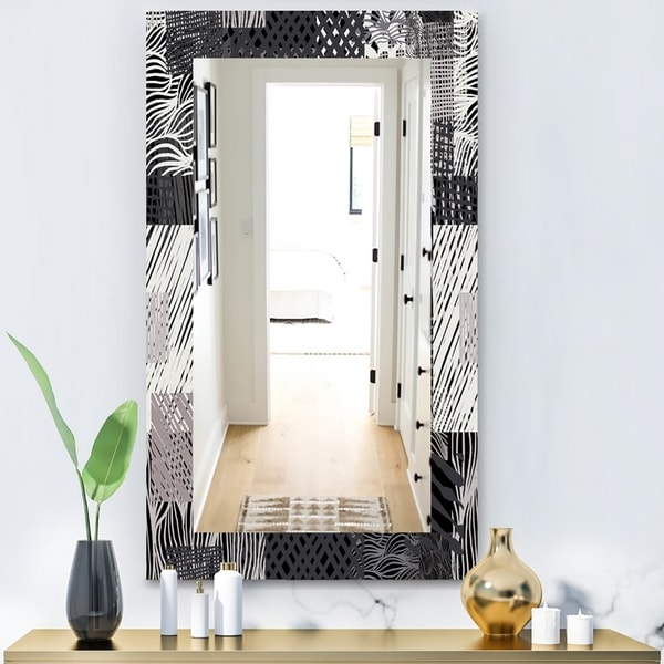 Designart 'Handdrawn Vintage Lines In Shades Of Gray' Bohemian and Eclectic Mirror - Modern Wall Mirror - Grey/Silver